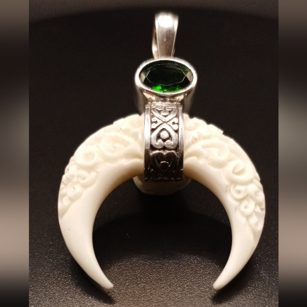 Sterling Silver Carved Bone & Chrome Diopside 1.25 ctw Crescent Moon Pendant
